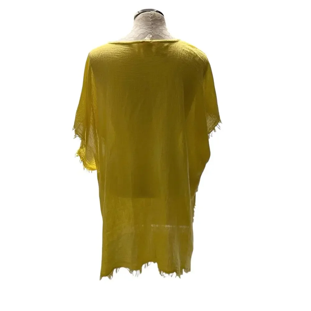 Eileen Fisher Yarow Lightweight Organic Cotton Poncho Yellow Frayed Edges OS